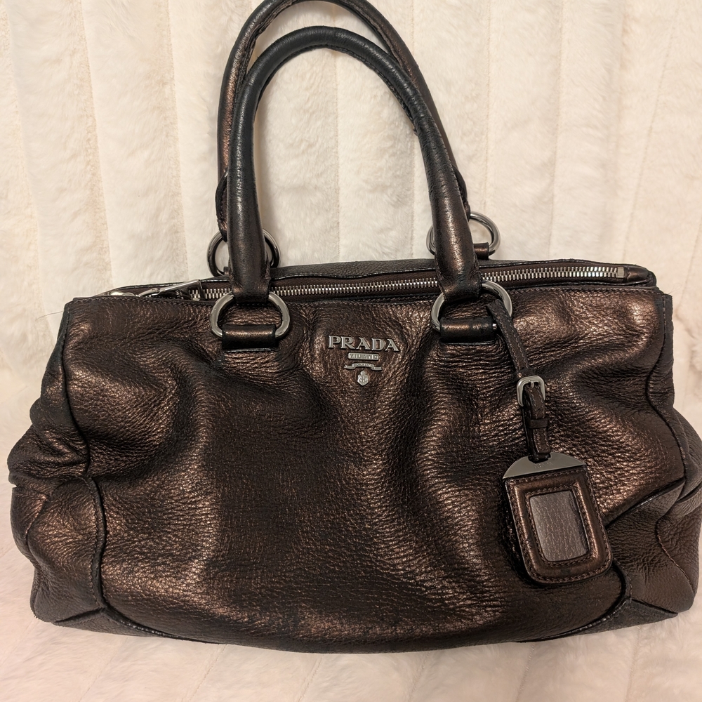 Prada Brown Vitello Daino Leather Medium Bauletto Logo Bag